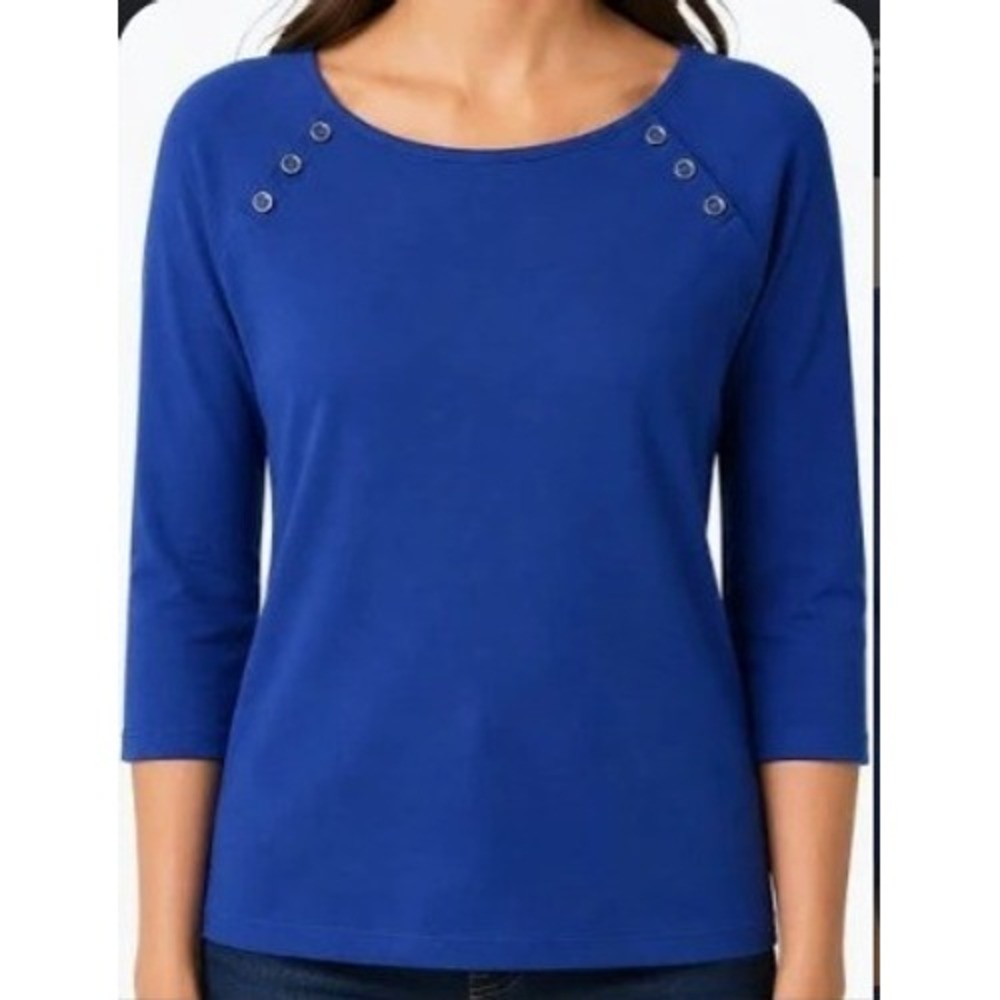 Talbots Women's Size Small Petite 3/4 Sleeve T-Shirt Royal Blue Button Shoulder